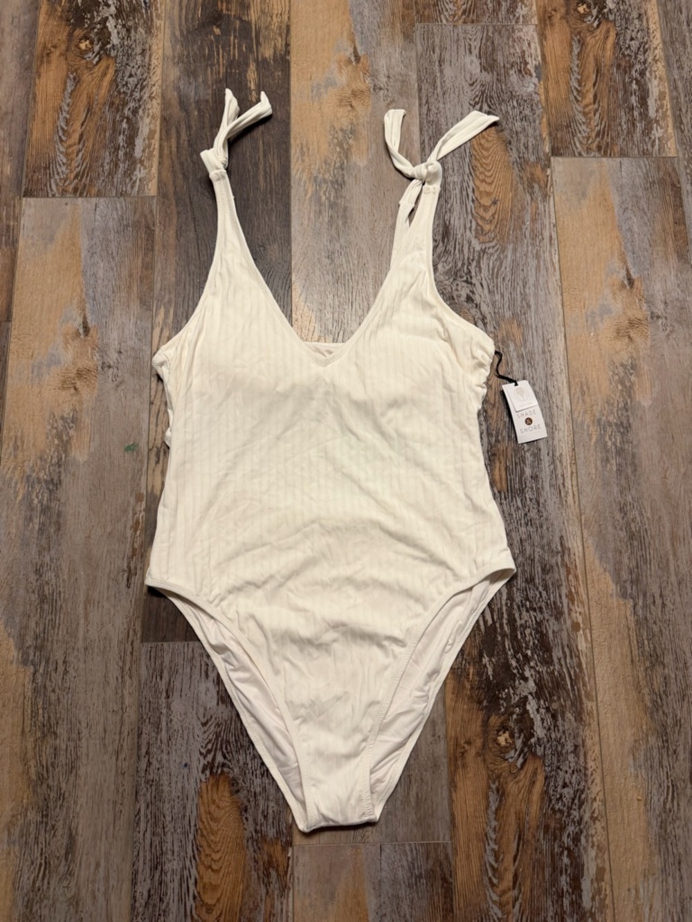 Shade & Shore Off White Ribbed One-Piece Swimsuit with Tie Straps Size XL NWT
